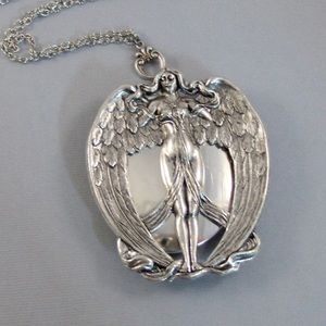 Goddess Locket Necklace Nike Wings Angel Pendant Silver Antique Handmade keepsak